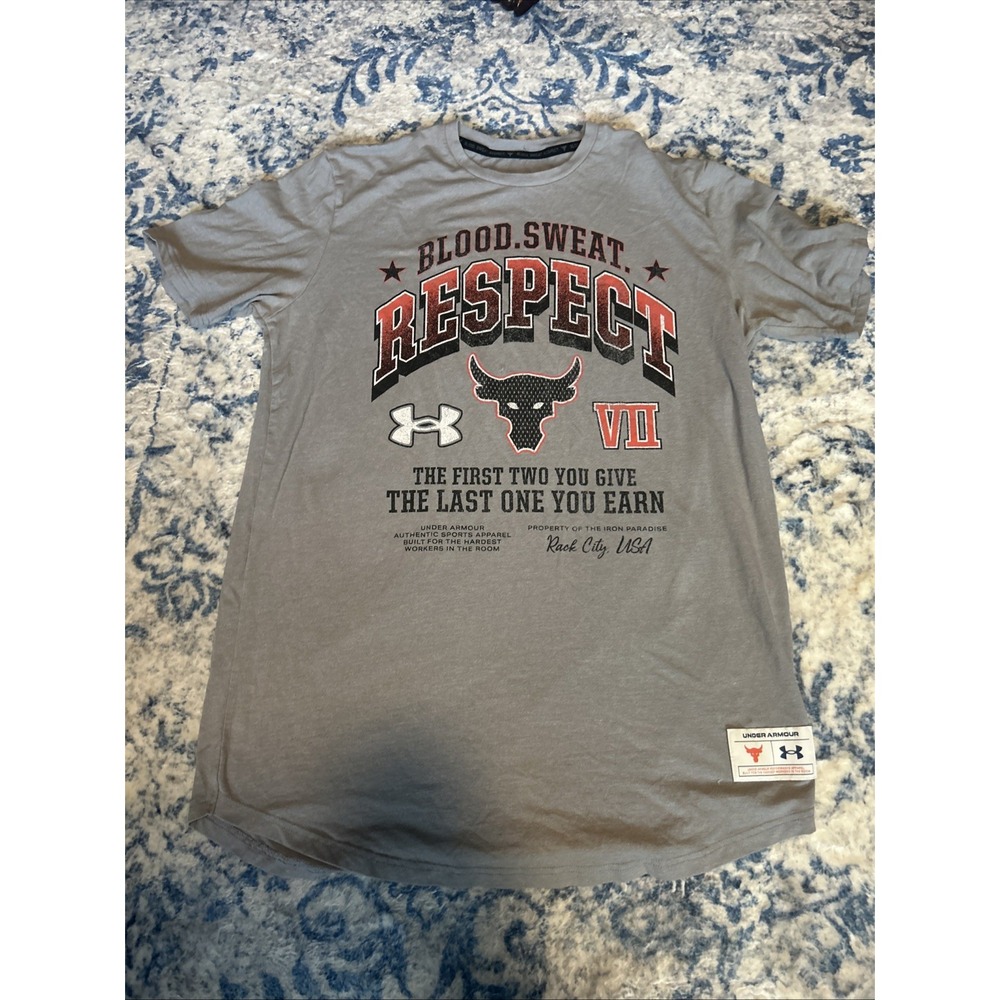Under Armour Project Rock T-Shirt Mens Tan Blood Sweat Respect Loose Medium